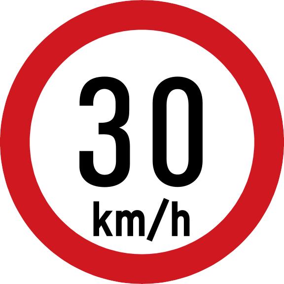 White circular sign with a red border and black text 30 km/h.
