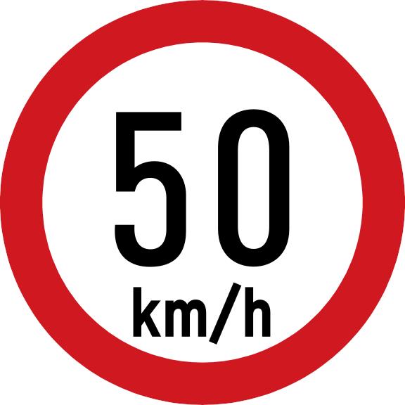 White circular sign with a red border and black text 50 km/h.