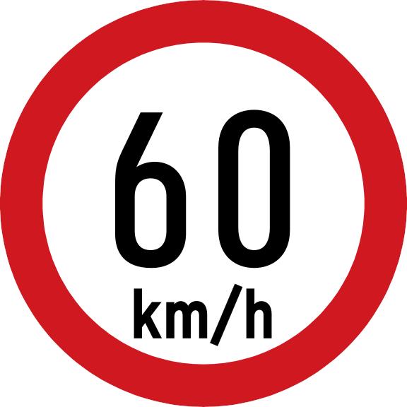 White circular sign with a red border and black text 60 km/h.