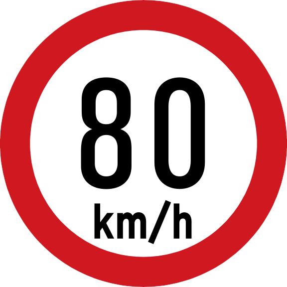 White circular sign with a red border and black text 80 km/h.