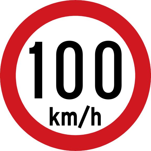 White circular sign with a red border and black text 100 km/h.