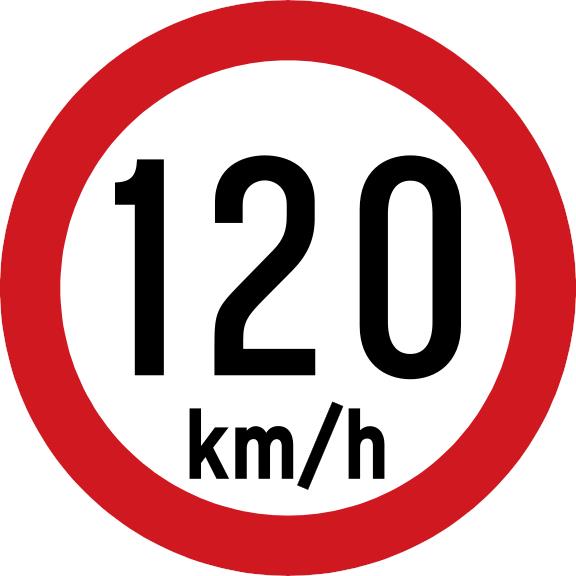White circular sign with a red border and black text 120 km/h.