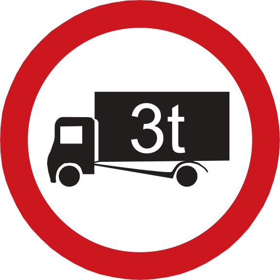Red-bordered white circle containing a black lorry marked 3t.