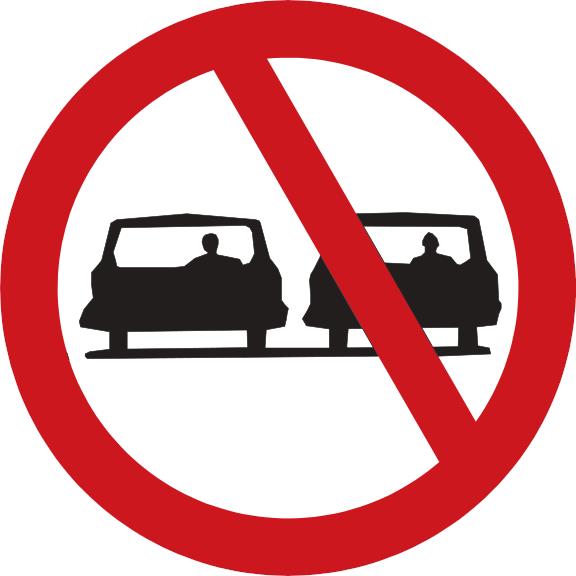Red-bordered white circle with a diagonal red bar across two cars side by side.