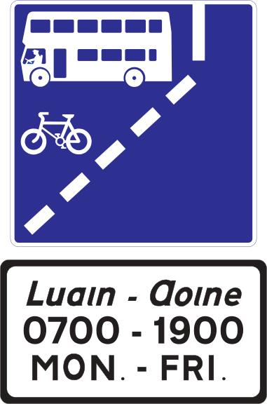 Blue sign with a white bus and bicycle left of a slanting dashed line; plate reads MON.–FRI., 0700–1900.