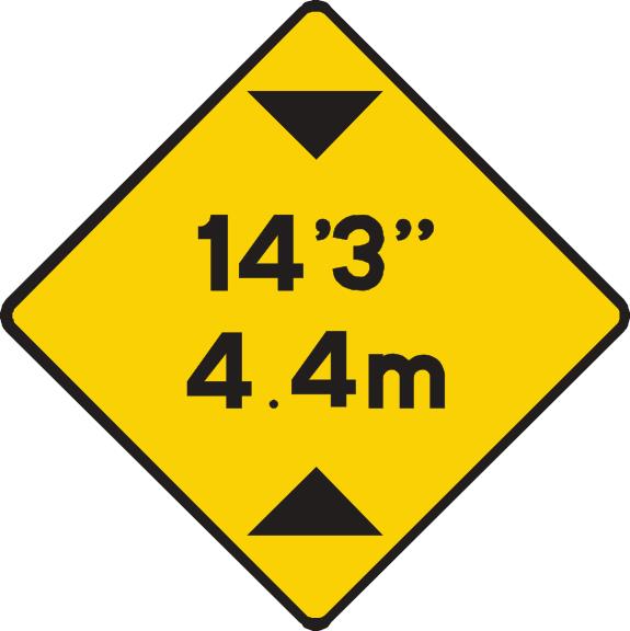 Yellow diamond with opposing vertical black triangles and the measurements 14 feet 3 inches and 4.4 m.