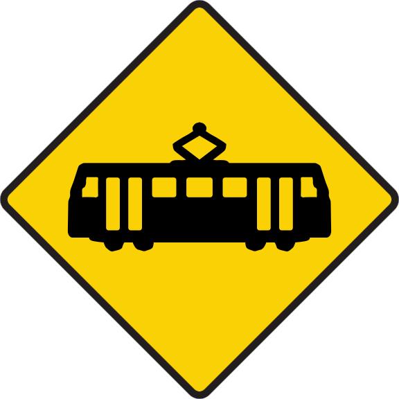 Yellow diamond containing a black tram silhouette.
