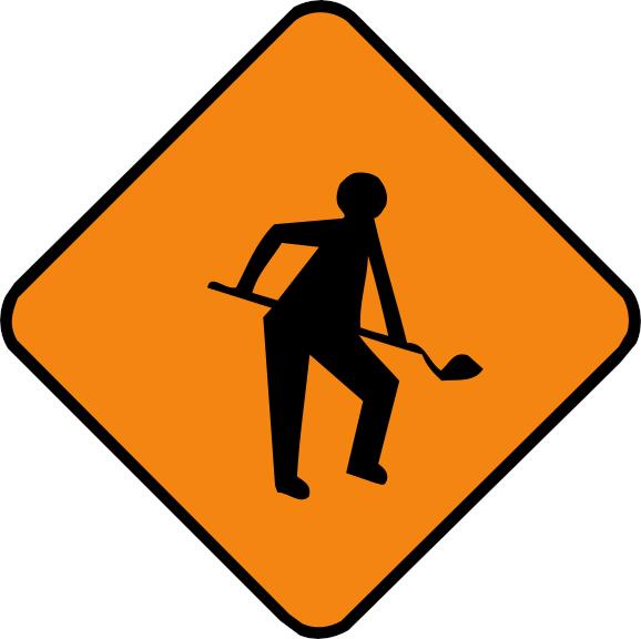 Orange diamond containing a black figure holding a shovel.