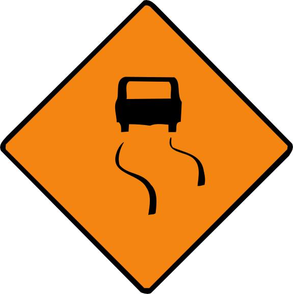 Orange diamond with a black car above two curved tracks.