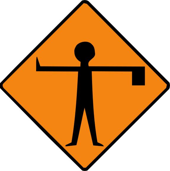 Orange diamond with a black person holding both arms out sideways.