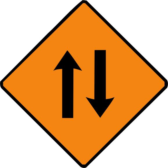 Orange diamond with two black arrows, left pointing up and right pointing down.