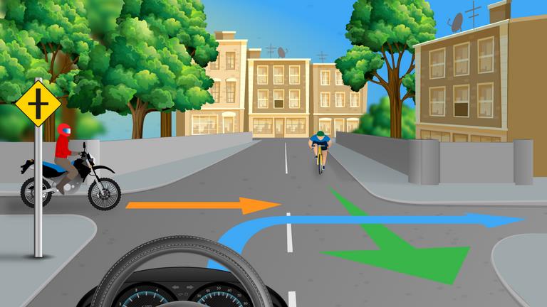 Driver's view of a junction with cyclists at the left and opposite side; orange, blue and green route arrows cross the road.