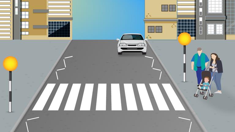 Striped pedestrian crossing with yellow globe posts, people at the right pavement and a white car beyond.