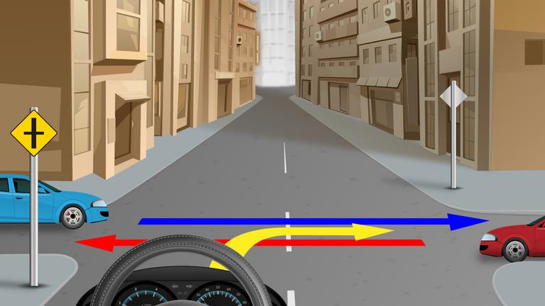 Driver's view at a crossroads, with cars on both side roads and colored crossing route arrows.