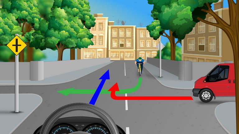 Driver's view of a crossroads, with a red van on the right and a cyclist opposite; colored arrows mark routes through the junction.