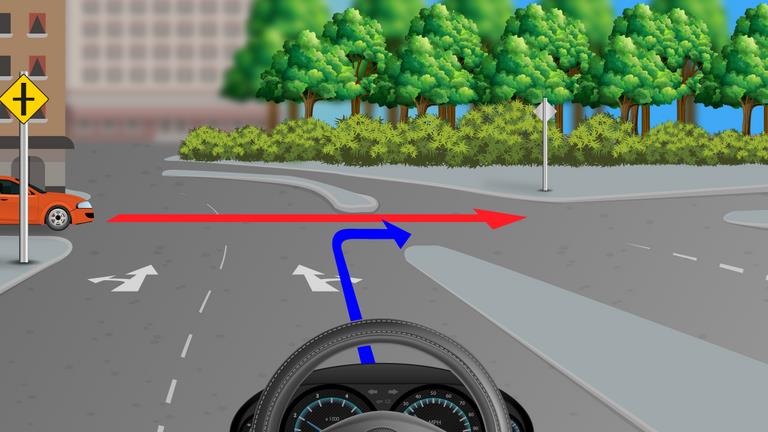 Driver's view approaching a broad road; a car is on the left, a red arrow crosses right and a blue route turns right.