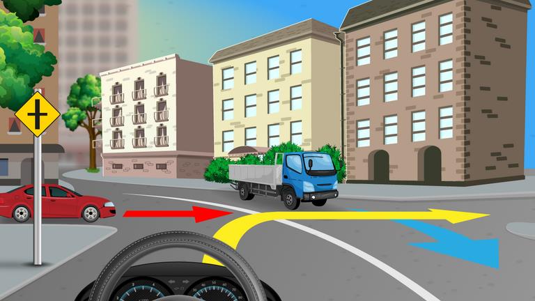 Driver's view of a crossroads with a red car on the left, a green lorry opposite and colored route arrows.