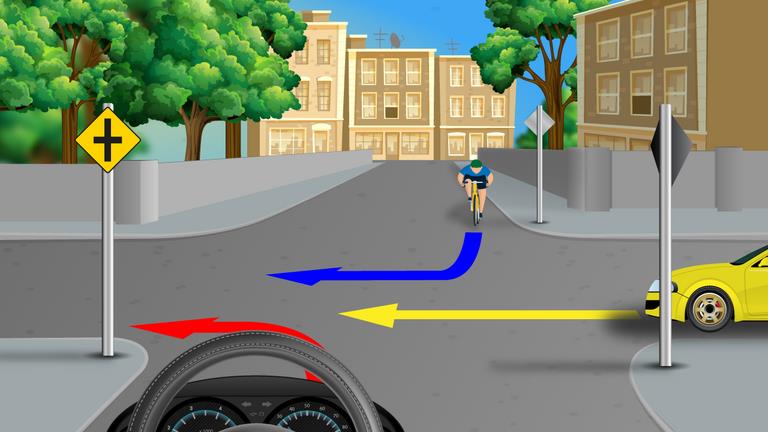 Driver's view at a crossroads with a cyclist opposite and a yellow car at the right; colored route arrows turn left.