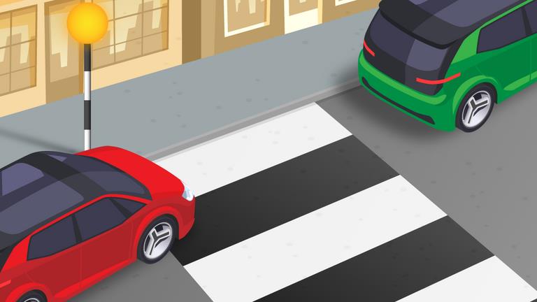 Red car partly over a striped pedestrian crossing and a green car beyond, beside a yellow globe post.