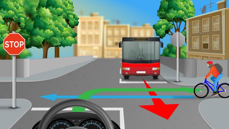 Driver's view at a junction with a STOP sign on the left, a red lorry opposite and a cyclist on the right; colored route arrows cross ahead.