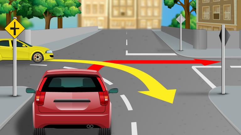 Driver's view behind a red car at a junction; a yellow car approaches from the left and red and yellow route arrows cross the road.
