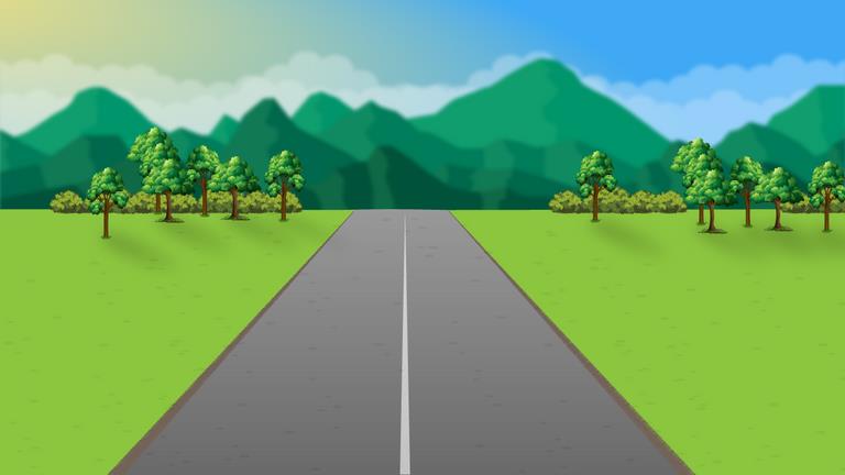 Empty rural road with no center markings, bordered by grass and trees, with hills ahead.