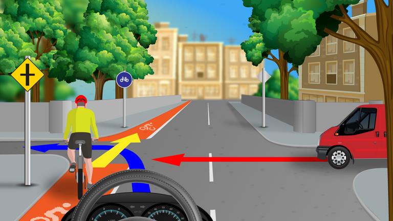 Driver's view at a junction beside a cyclist in a red-surfaced lane; a red van approaches from the right and colored route arrows cross ahead.