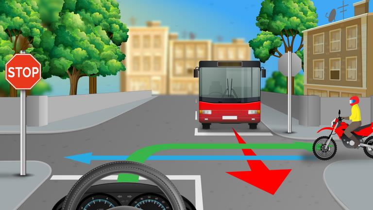 Driver's view at a junction with a STOP sign on the left, a lorry opposite and a motorcyclist on the right; colored route arrows cross ahead.