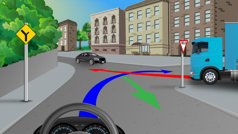 Driver's view of a branching junction with a black car on the left, a blue lorry on the right and colored route arrows.