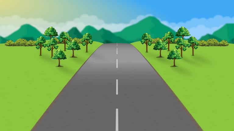Empty rural road with broken white center markings, trees and distant hills.
