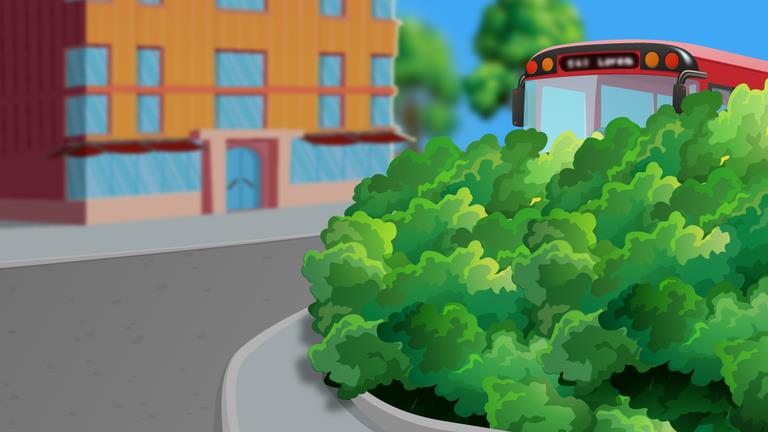 Street corner with dense bushes obscuring the lower portion of a red bus beyond.