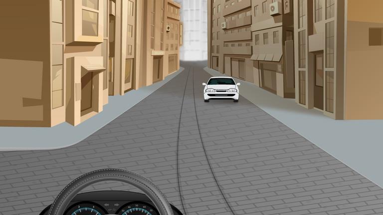 Driver's view following a white car along a narrow cobbled street lined with tall buildings.