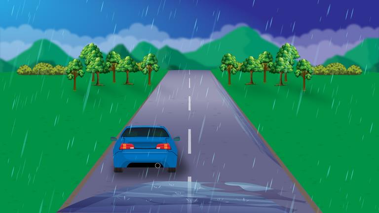 Blue car ahead on a rural road in heavy rain, with water spray and dark clouds.