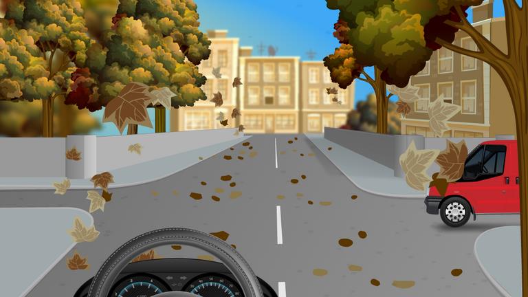 Driver's view along a tree-lined street with many fallen and blowing leaves; red van at the right side road.