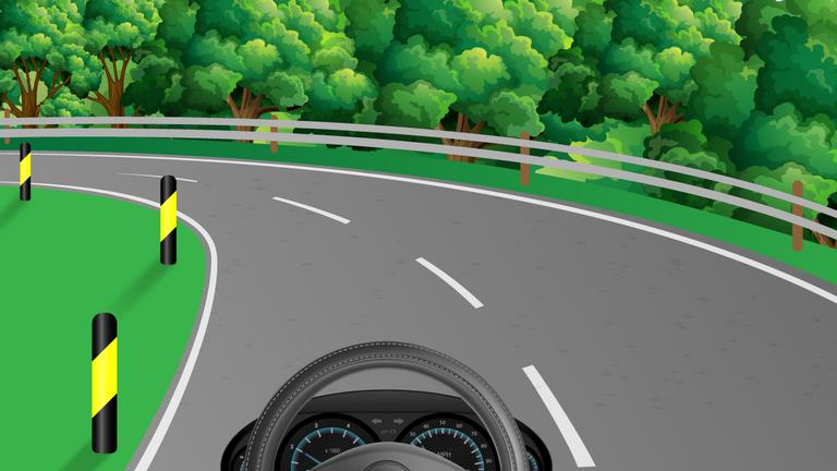 Driver's view of a left-curving road bordered by trees, a guardrail and black-and-yellow roadside posts.