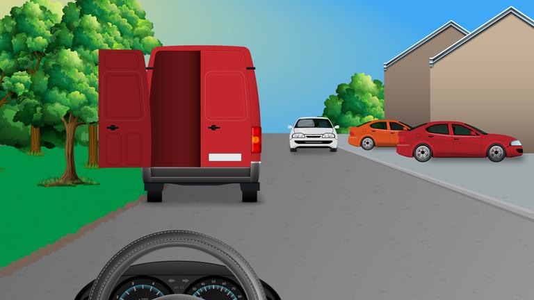 Driver's view behind a red van on a residential road, with a white car ahead and a red car in a driveway on the right.