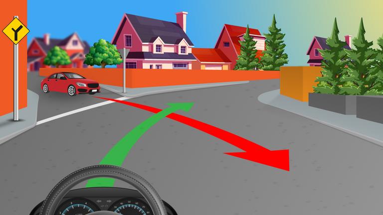 Driver's view at a branching residential junction; a red car approaches from the left and red and green route arrows cross ahead.