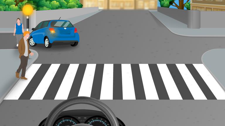 Striped pedestrian crossing with a pedestrian at its left edge, yellow globe posts and a blue car beyond.