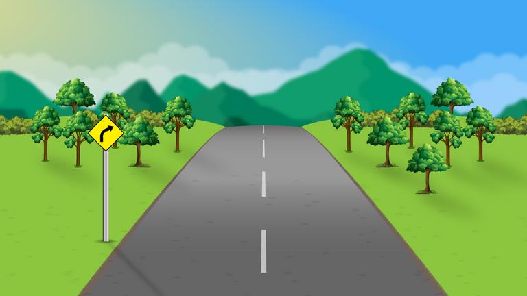 Rural road with broken white center markings, a yellow curved-arrow sign on the left and hills ahead.