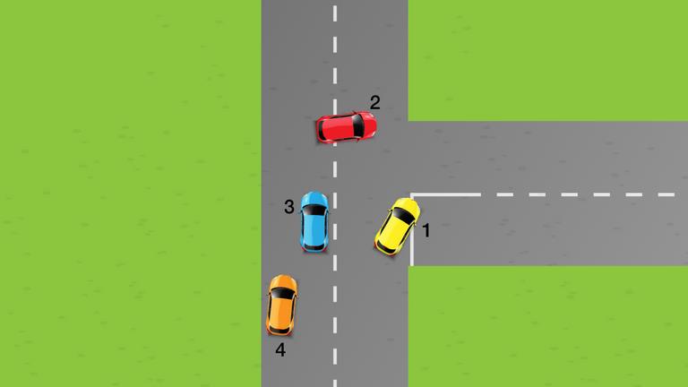 Overhead junction diagram with four numbered colored cars; one road runs vertically and a side road joins from the right.