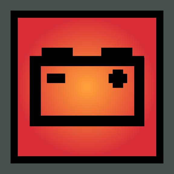 Red illuminated dashboard square containing a black battery symbol with plus and minus marks.