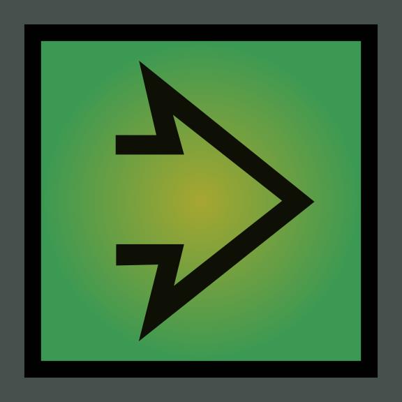 Green illuminated dashboard square containing a black right-pointing arrow.