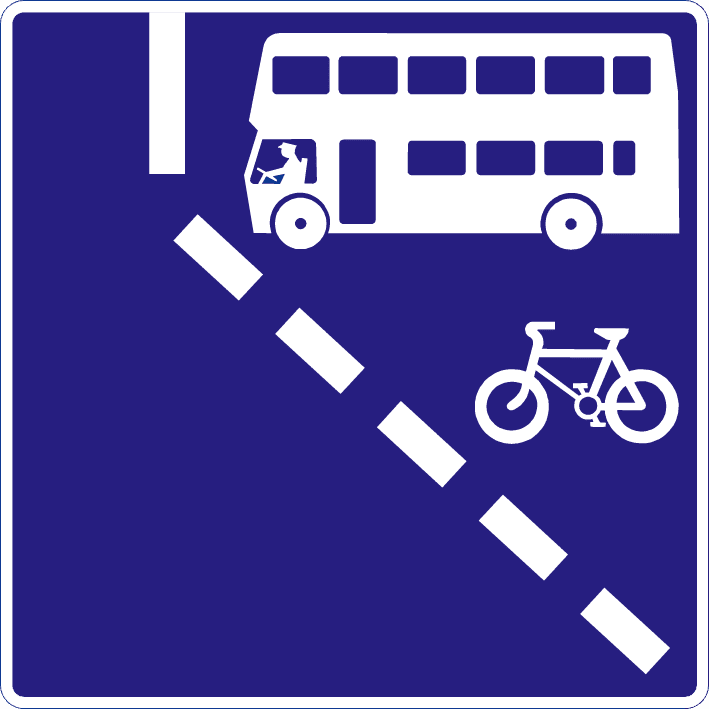 Blue sign with a white bus and bicycle to the right of a slanting broken white line.