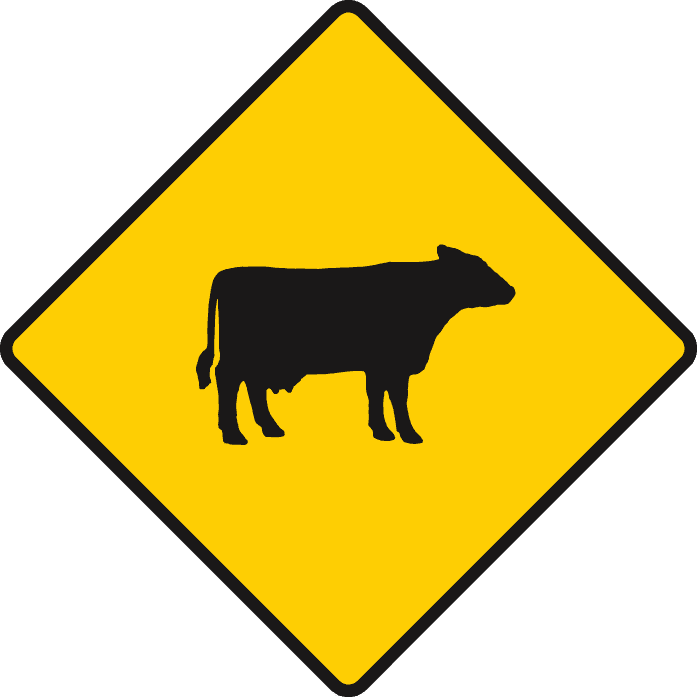 Yellow diamond containing a black cow silhouette.