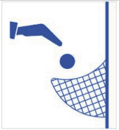 Blue hand dropping a circular object into a wire basket on a white sign.
