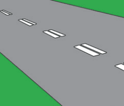 Road surface with repeated pairs of short white line markings.