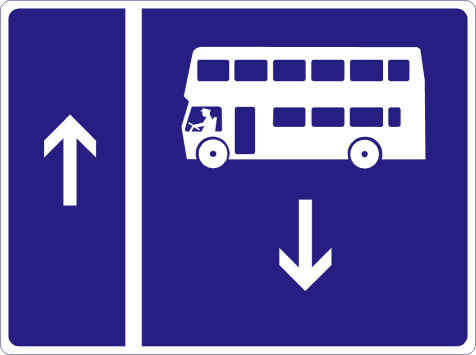 Blue rectangular sign with an upward arrow in a narrow left section and a bus above a downward arrow in the right section.