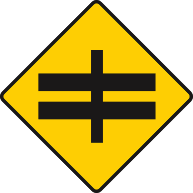 Yellow diamond with two thick parallel horizontal black bars crossed by a thinner vertical bar.