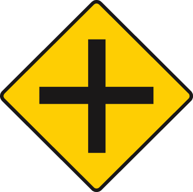 Yellow diamond containing a black cross with equal-width arms.