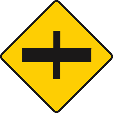 Yellow diamond containing a black cross with a thick horizontal bar and thinner vertical bar.
